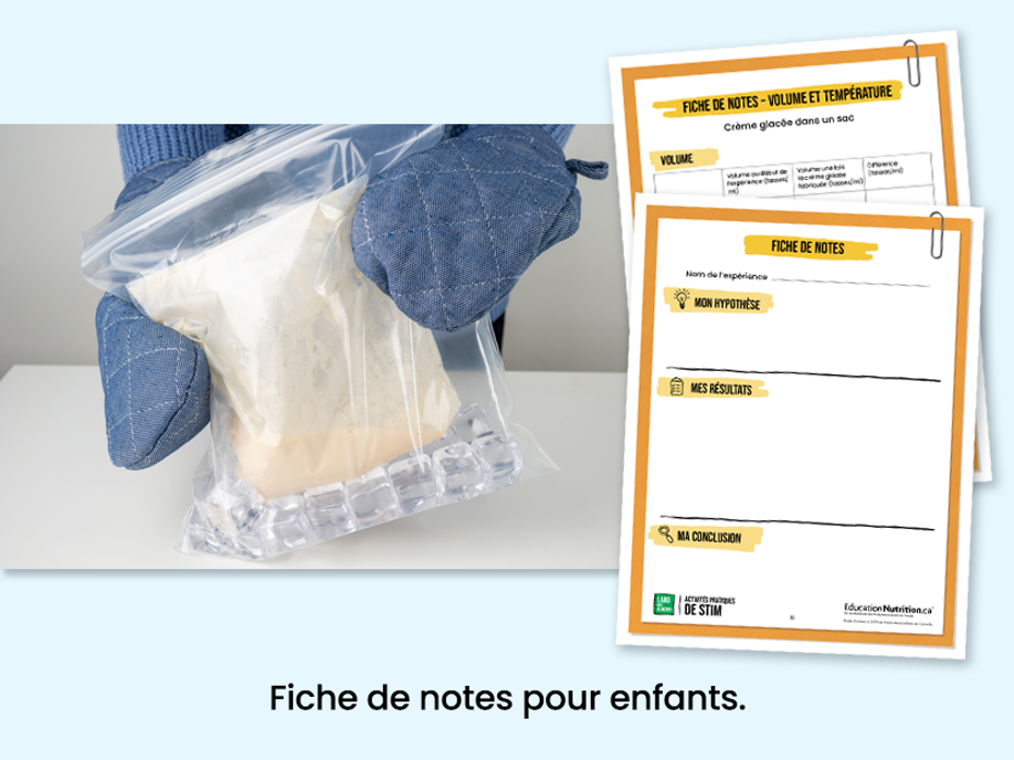 Ingrédients dans un sac pour faire de la crème glacée  - Fiche de notes pour les enfants - Programme Le labo des aliments - STIM