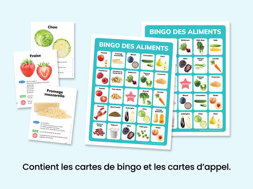 cartes de bingo et cartes d'appel avec des images d'aliments