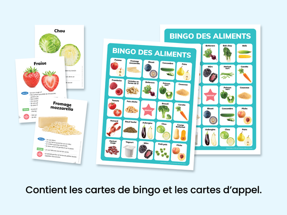 cartes de bingo et cartes d'appel avec des images d'aliments