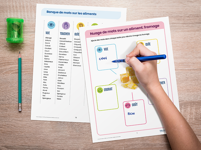 Jeu sur les aliments- feuilles d'activités sur une table avec un enfant qui écrit la dessus