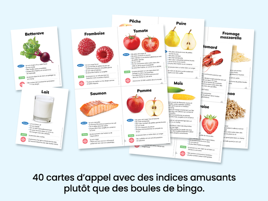 cartes d'appel de bingo avec images d'aliments