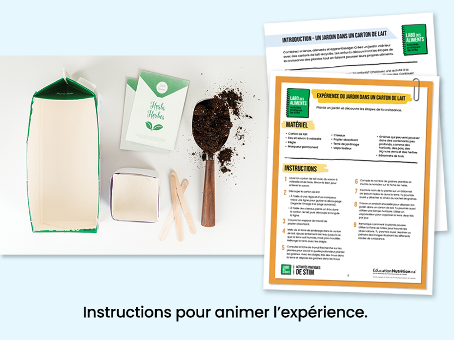 Jardin dans un carton de lait - carton de lait, paquet de graines et terre - Instructions pour animer l'expérience - Programme Le labo des aliments - STIM