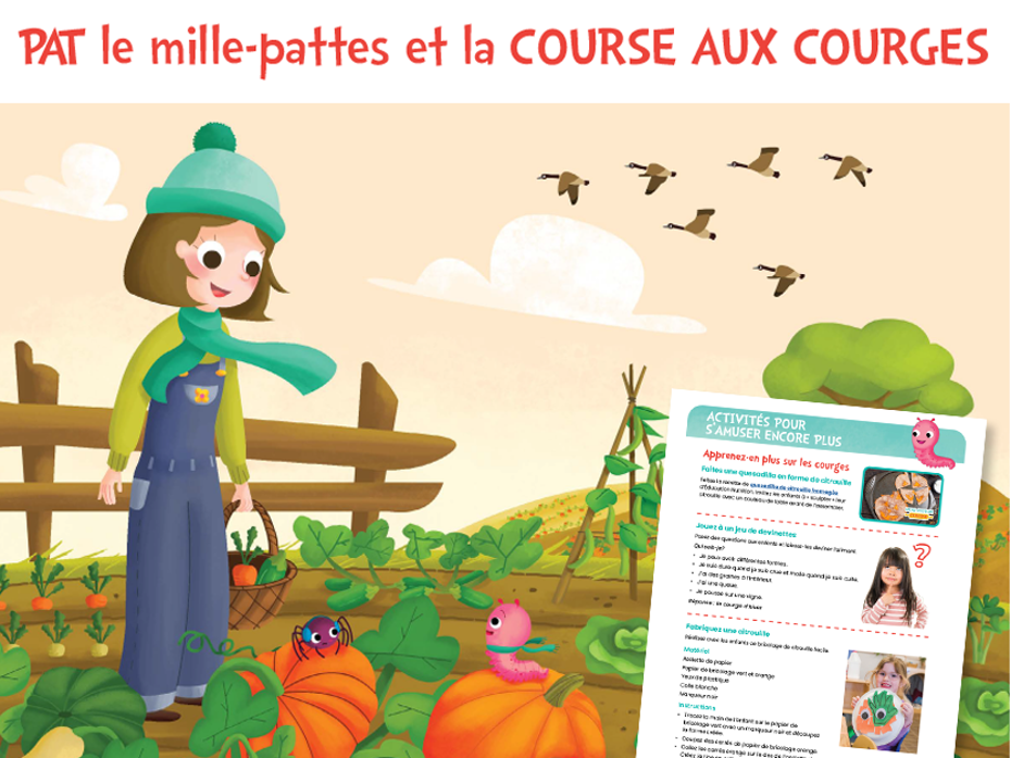 Pat le mille-pattes et la course aux courges- illustration d'une madame dans un jardin avec des courges et Pat